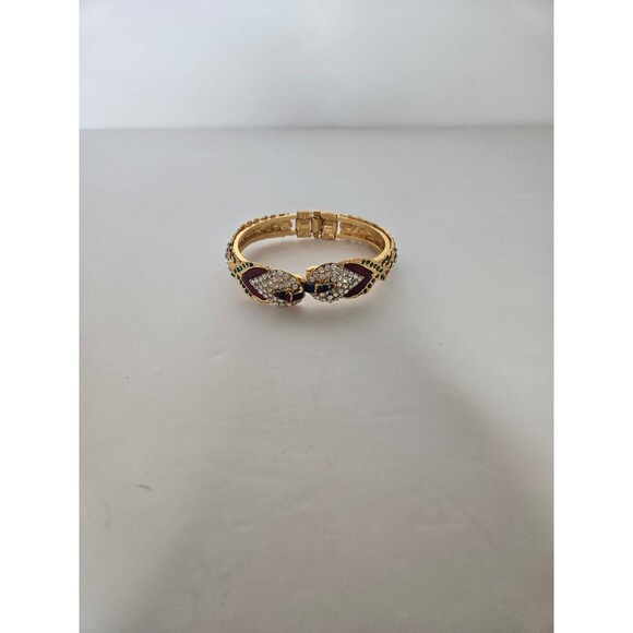 Gold Tone Clamper Bracelet Multicolored Rhinestones One Missing - Picture 2 of 8